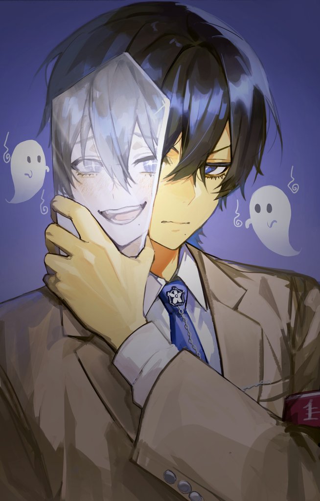 1boy, black_hair, blue_eyes, blue_necktie, brown_jacket, closed_mouth, collared_shirt, dao8_33