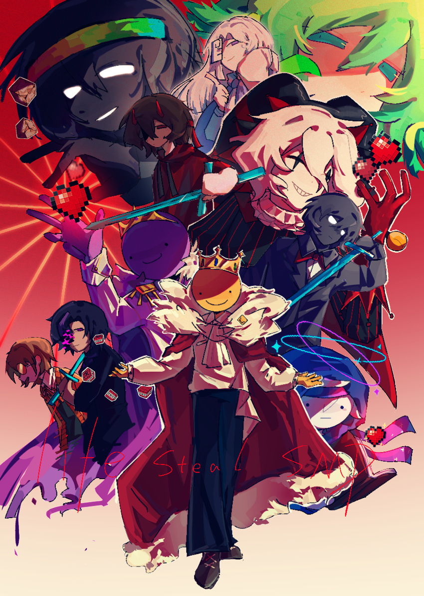 1girl, 6+boys, absurdres, animification, ashswag, black_hair, black_skin, blank_eyes