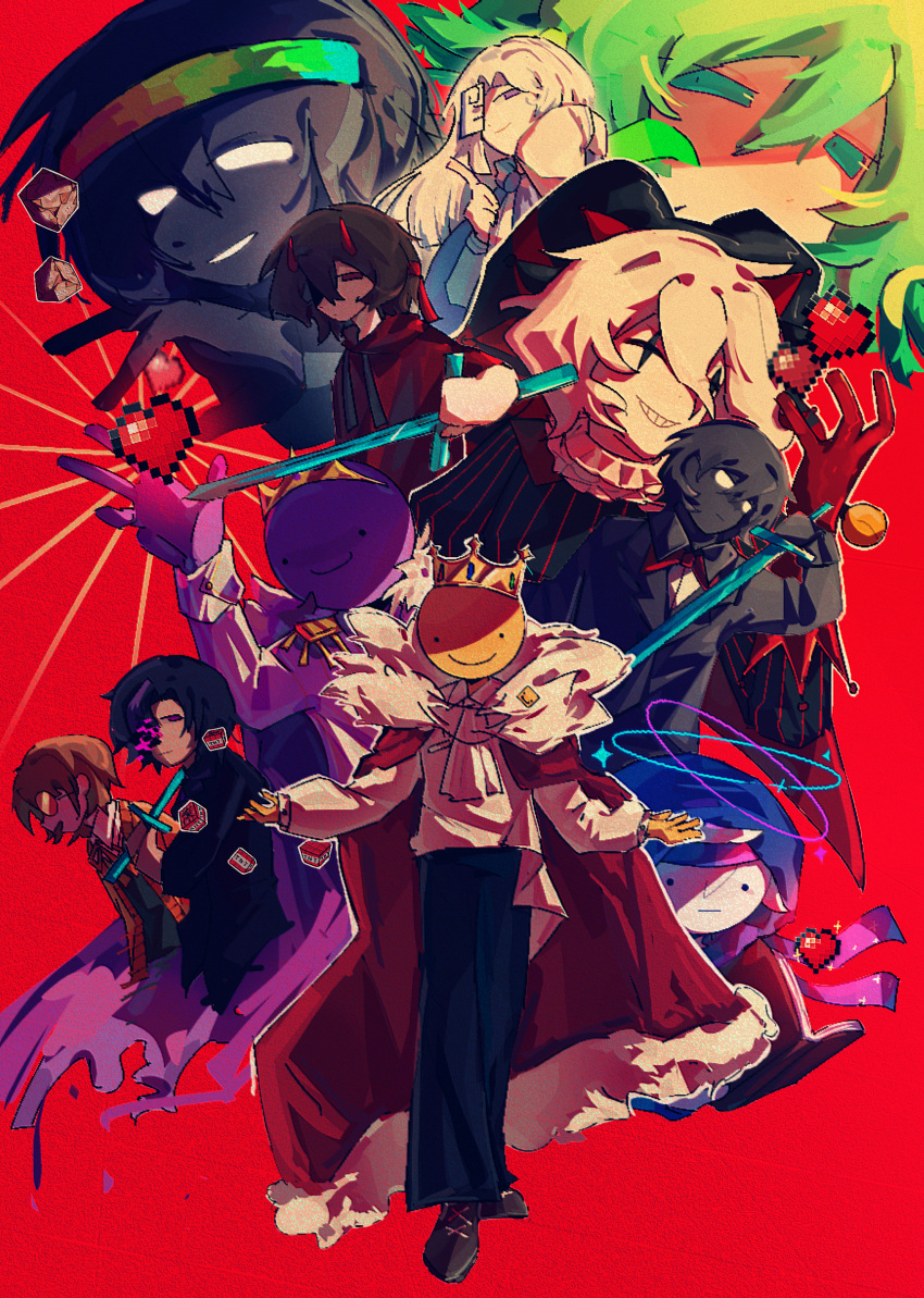 1girl, 6+boys, absurdres, animification, ashswag, black_hair, black_skin, blank_eyes