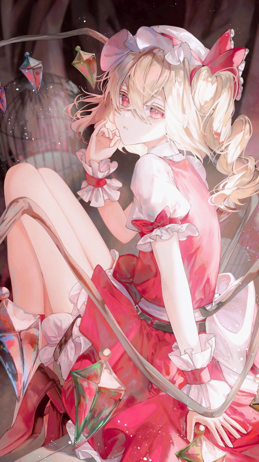1girl, absurdres, arm_support, back_bow, batory_ken, belt, birdcage, black_belt