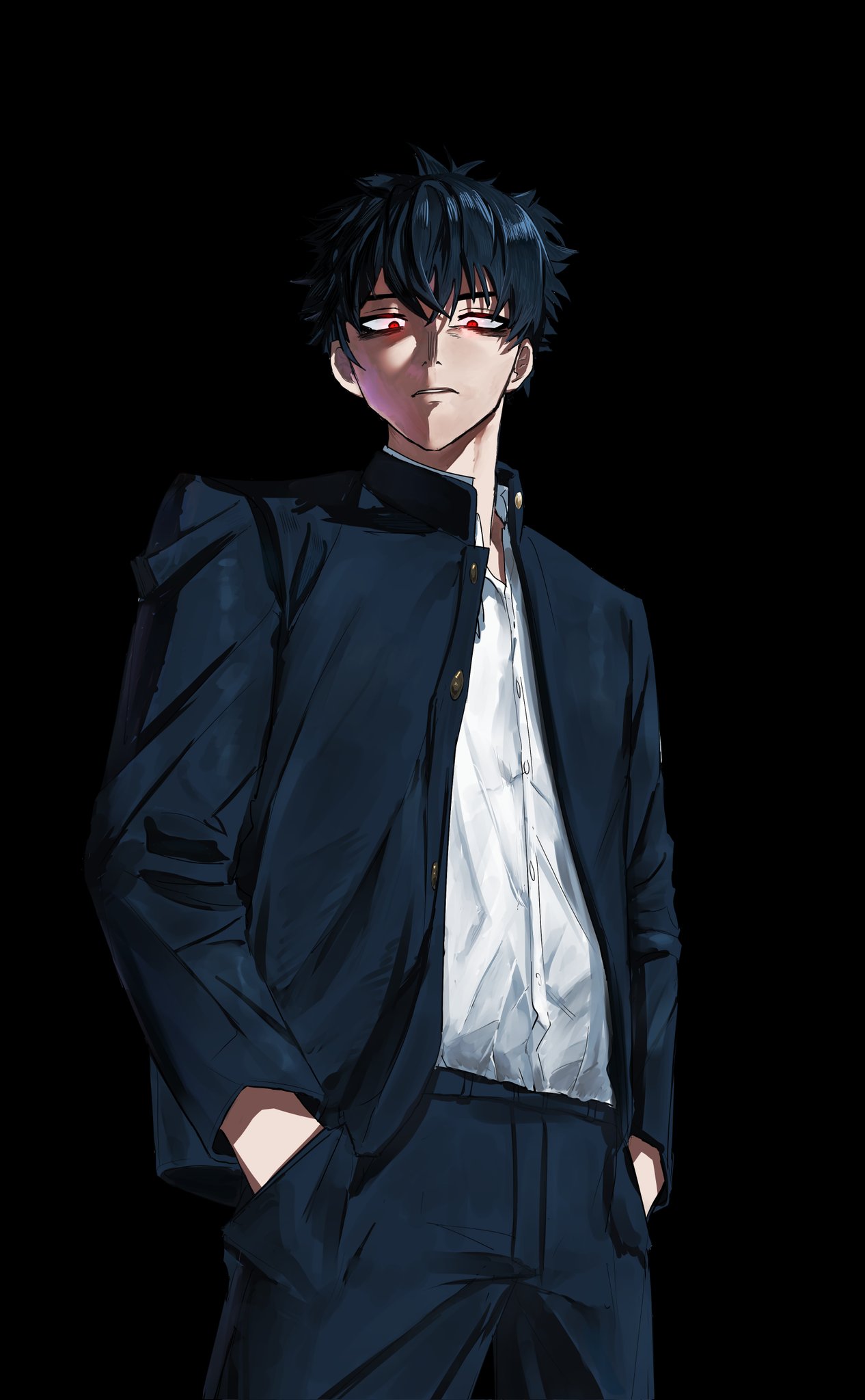 1boy, black_background, black_hair, black_pants, buttons, collared_shirt, commentary_request, cowboy_shot