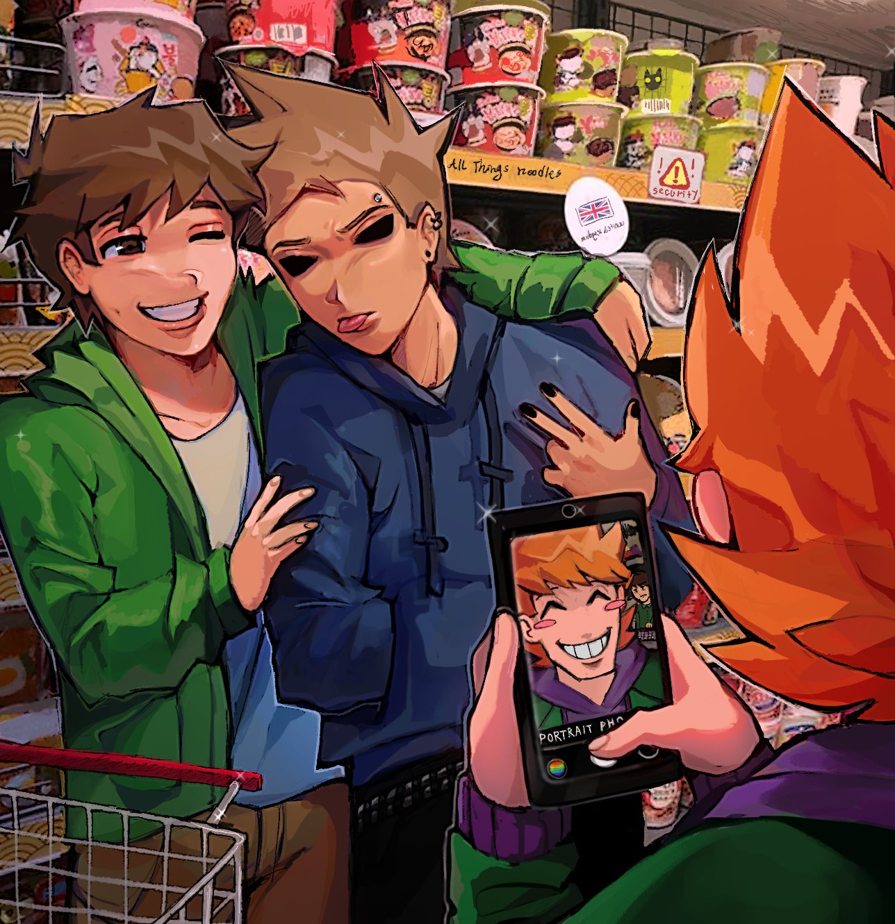 3boys, animification, black_nails, blue_hoodie, blush_stickers, brown_eyes, brown_hair, cellphone