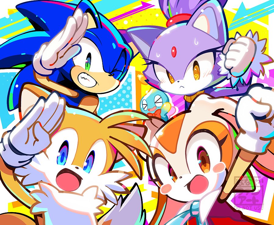 2boys, 2girls, animal_ears, blaze_the_cat, blue_eyes, bow, bowtie, brown_eyes