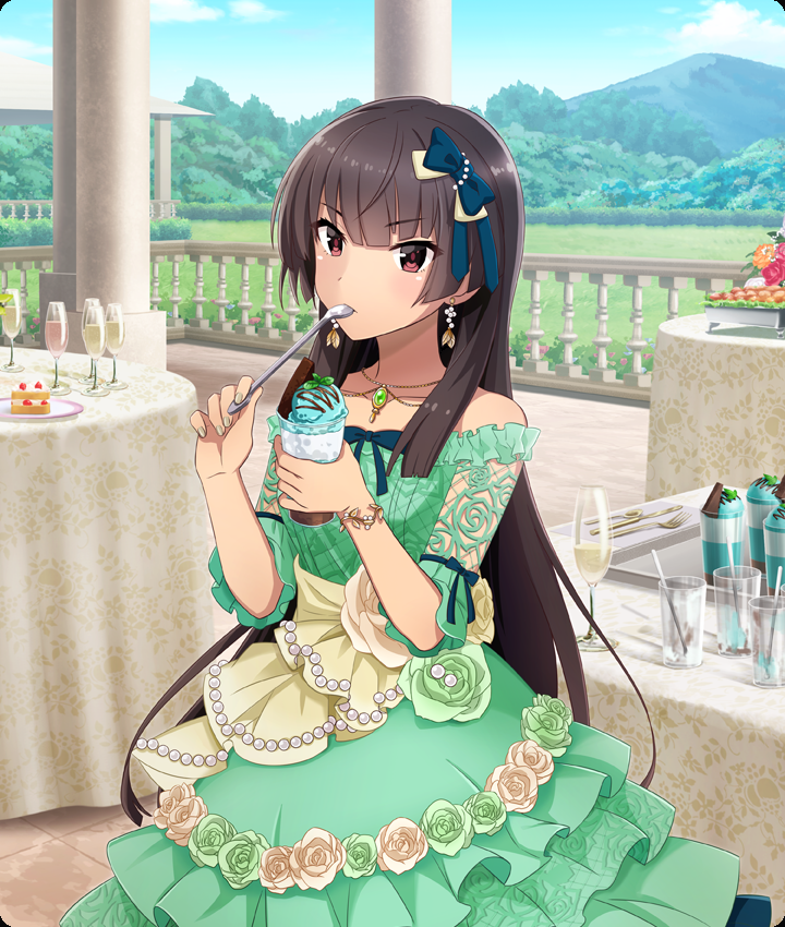 1girl, bare_shoulders, black_ahir, blue_bow, blue_sky, blunt_ends, bow, bracelet