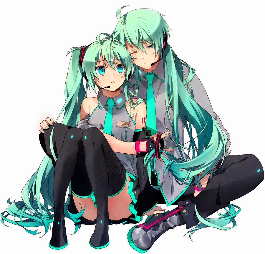 ahoge, aqua_eyes, aqua_hair, bare_shoulders, black_legwear, black_thighhighs, detached_sleeves, dual_persona