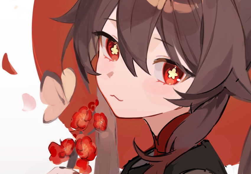 1girl, :3, brown_hair, cherry_blossoms, chinese_clothes, commentary_request, flower, flower-shaped_pupils