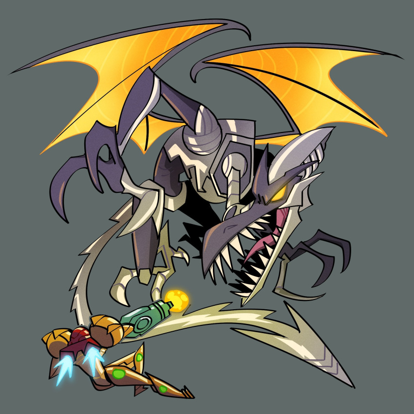 1boy, 1girl, arm_cannon, armor, berardbro, claws, commentary, cyborg