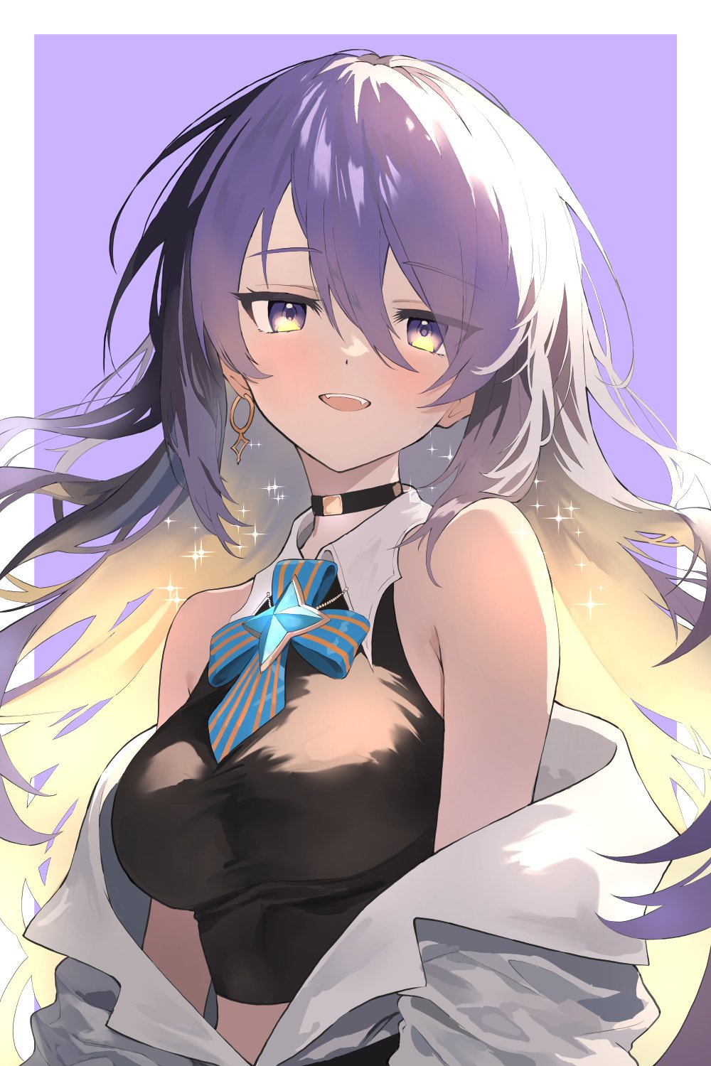 1girl, black_choker, black_shirt, blonde_hair, border, breasts, choker, colored_inner_hair