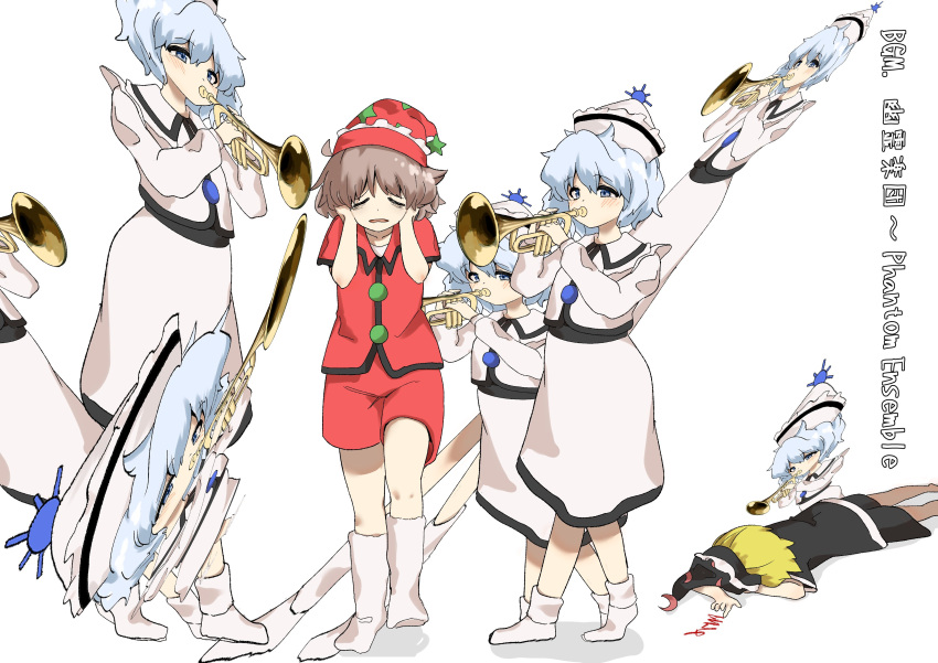 3girls, absurdres, bags_under_eyes, black_shirt, black_shorts, blonde_hair, blue_eyes, blue_hair