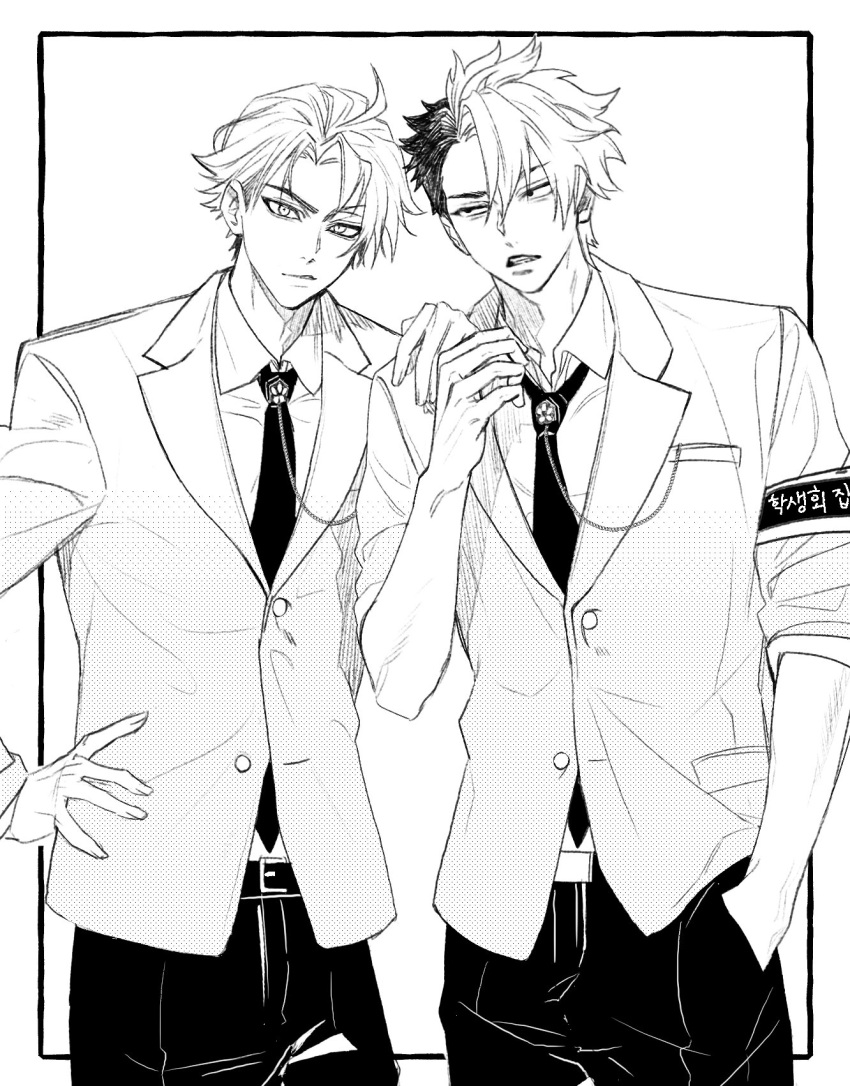 2boys, armband, blazer, breast_pocket, buttons, collared_shirt, commentary_request, dao8_33, delinquent, greyscale, hand_in_pocket, hand_on_another's_shoulder, hand_on_own_hip, highres, jacket, korean_commentary, korean_text, male_focus, monochrome, multicolored_hair, multiple_boys, necktie, outside_border, phantom_busters, pocket, school_uniform, shirt, simple_background, sleeves_pushed_up, sunao_usami, translation_request, two-tone_hair, white_background, yoshiki_nika