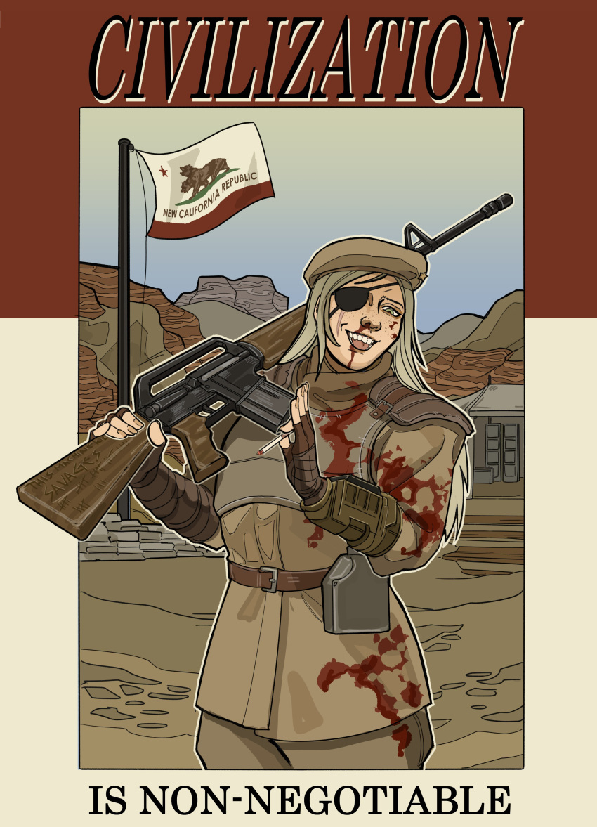 1girl, absurdres, ar-15, assault_rifle, belt, beret, blood, blood_on_face