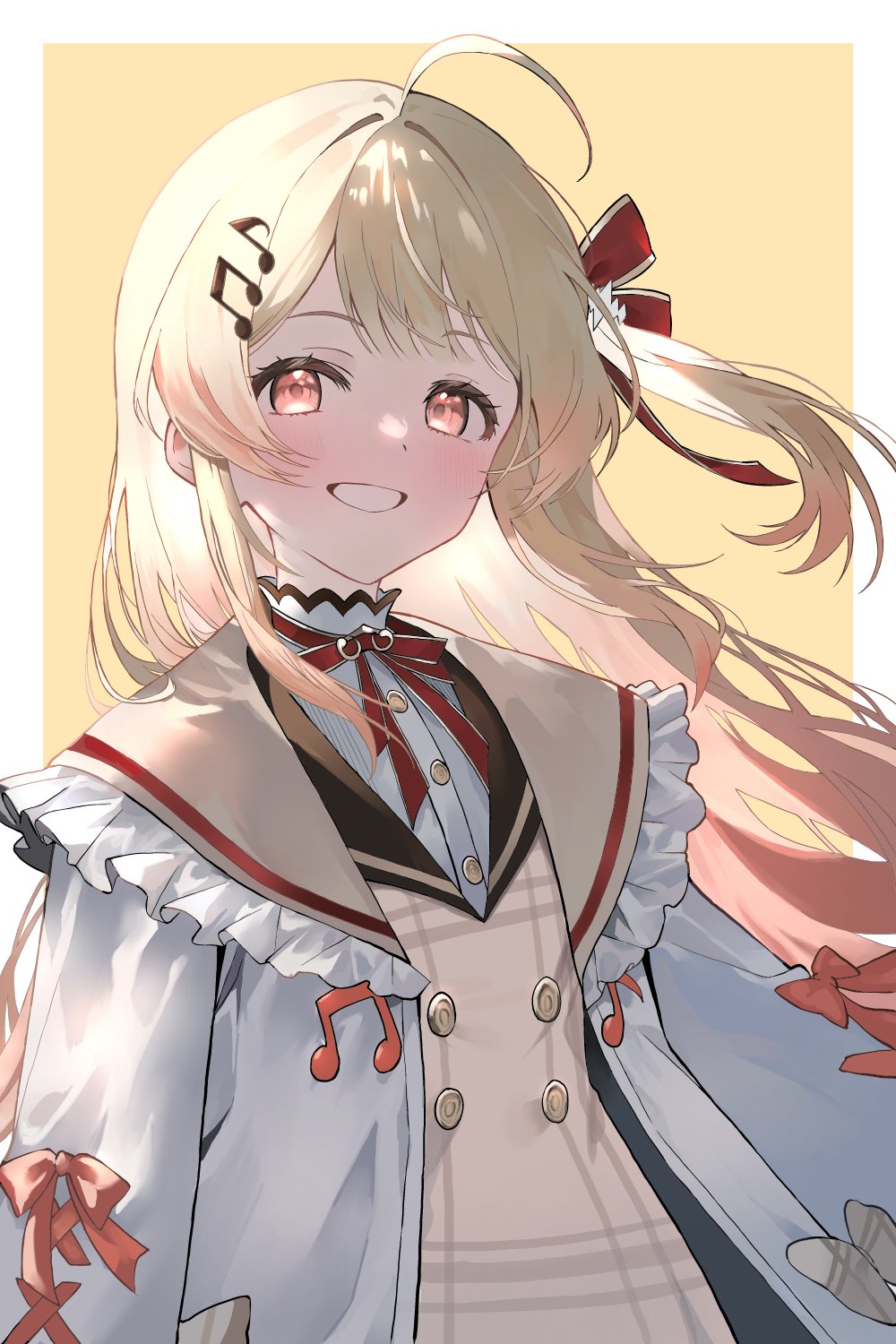 1girl, ahoge, blonde_hair, border, clenched_teeth, commentary, grim_jisoo, hair_ornament