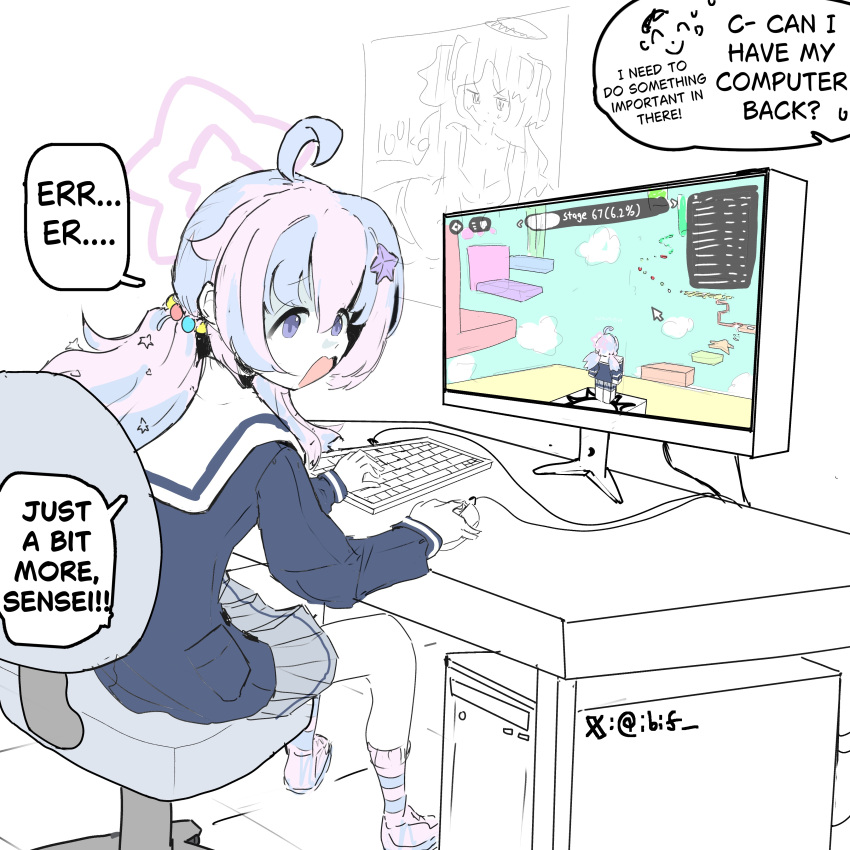 1girl, absurdres, ahoge, blue_archive, commentary, computer, doodle_sensei_(blue_archive), english_commentary