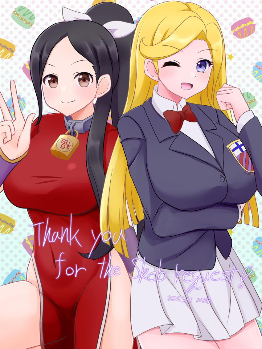2girls, absurdres, aqua_eyes, black_hair, blonde_hair, blue_eyes, blush, bow