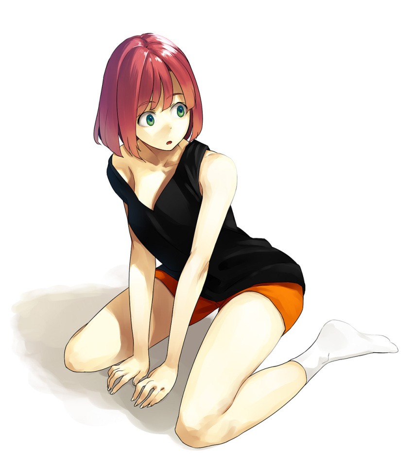 :o, footwear, green_eyes, hama2224, highres, off_shoulder, original, red_hair