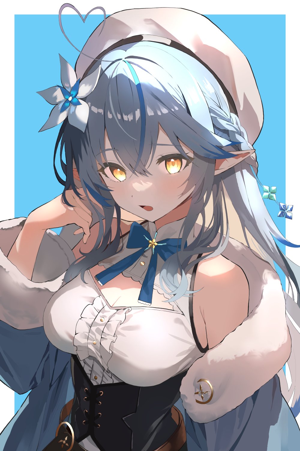 1girl, ahoge, beret, black_corset, blue_background, blue_coat, blue_hair, border