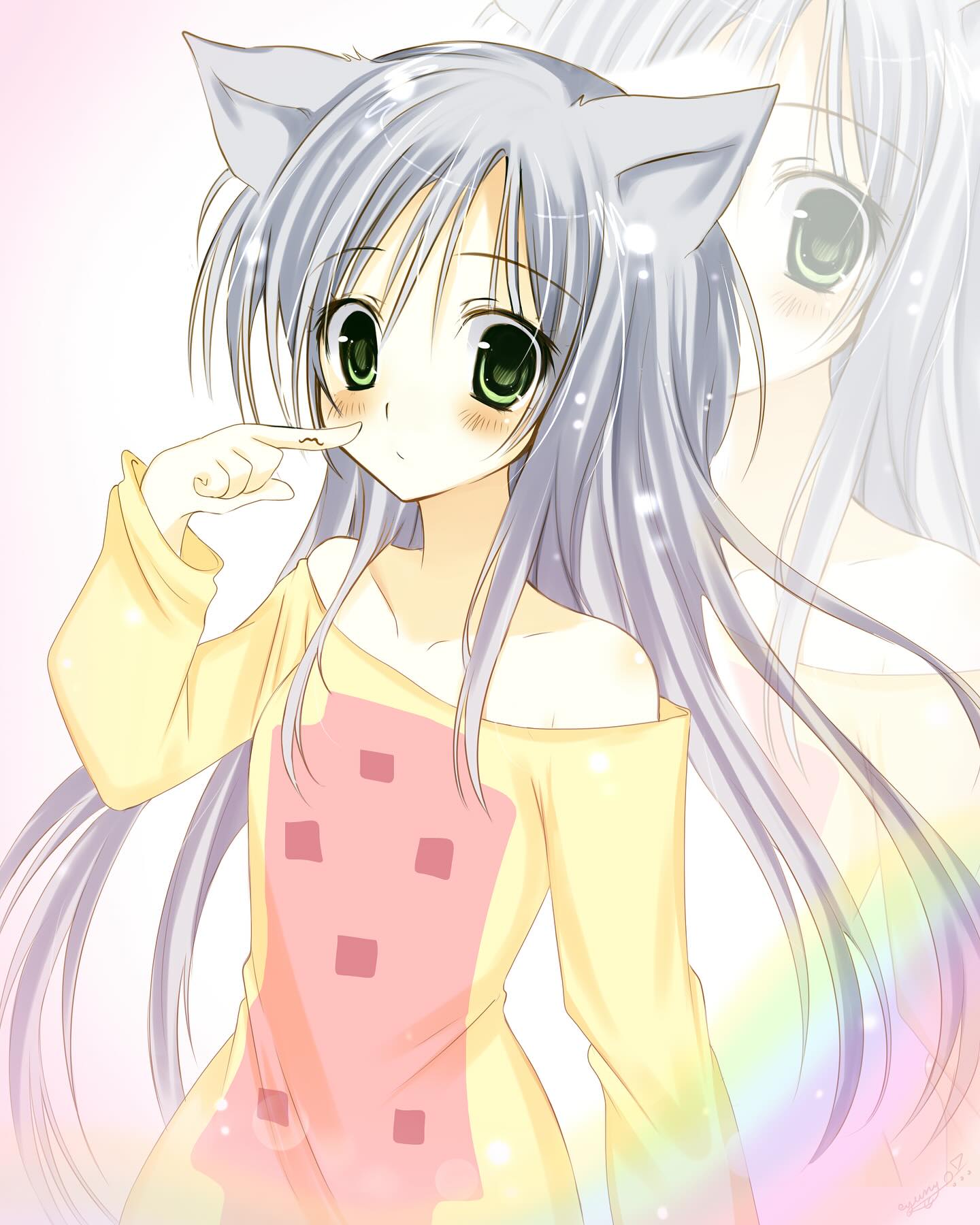 1girl, animification, bare_shoulders, finger_to_face, green_eyes, grey_hair, highres, light_blush
