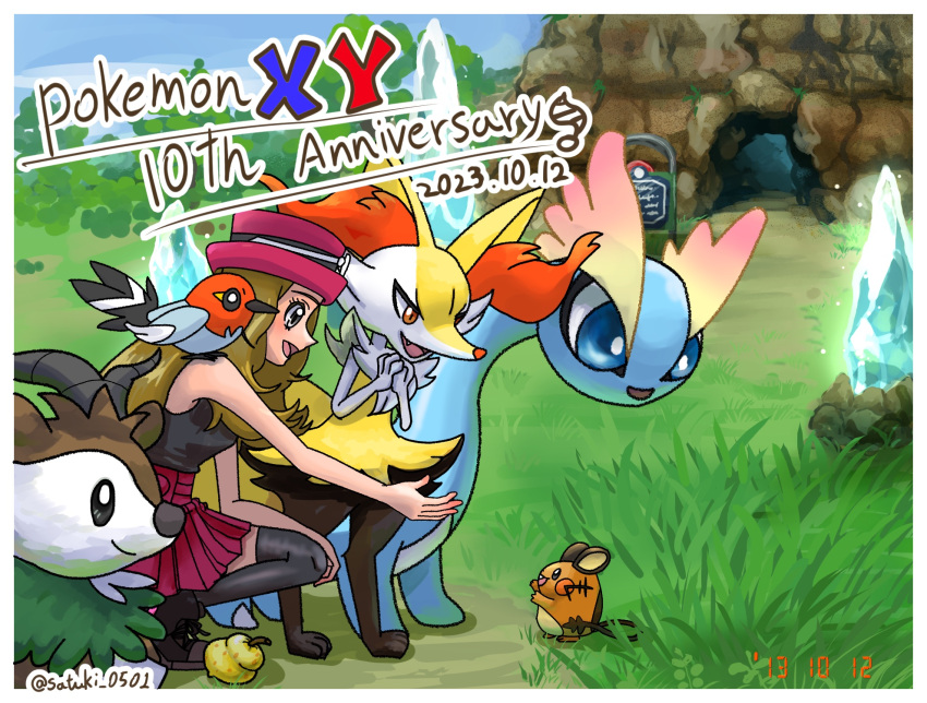 1girl, amaura, animal_on_shoulder, anniversary, berry_(pokemon), bird, bird_on_shoulder, black_boots