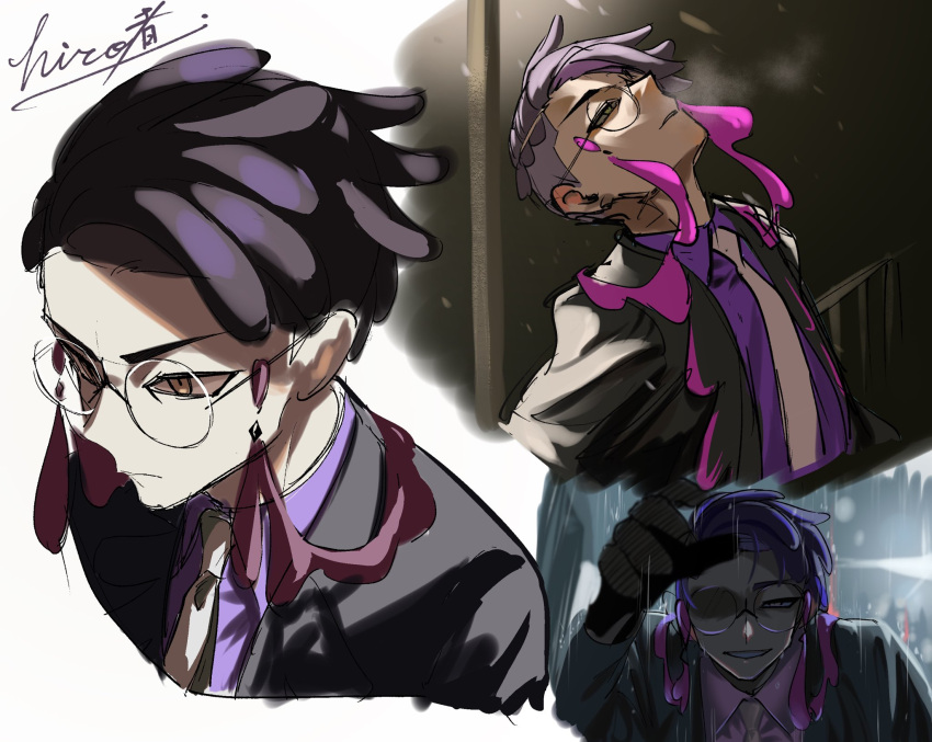 1boy, artist_name, coat, collared_shirt, commentary_request, corbeau_(pokemon), cropped_shoulders, glasses