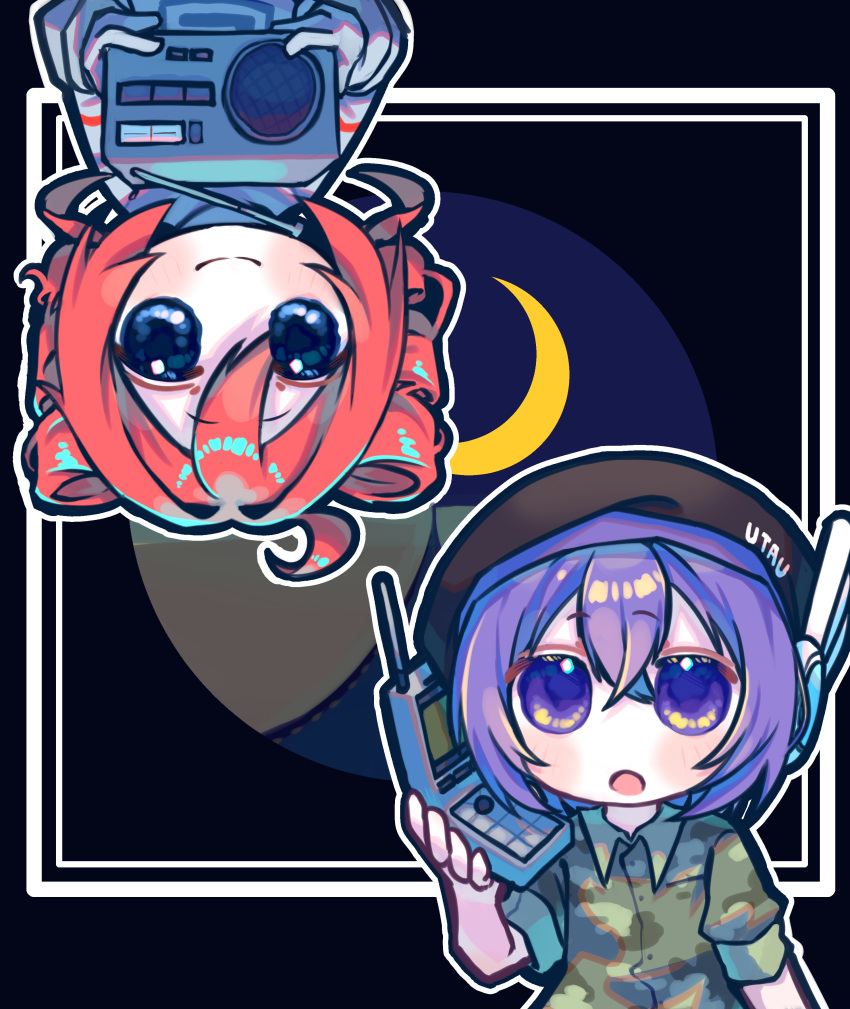 2girls, absurdres, ahoge, beret, black_hat, blue_eyes, blush, camouflage