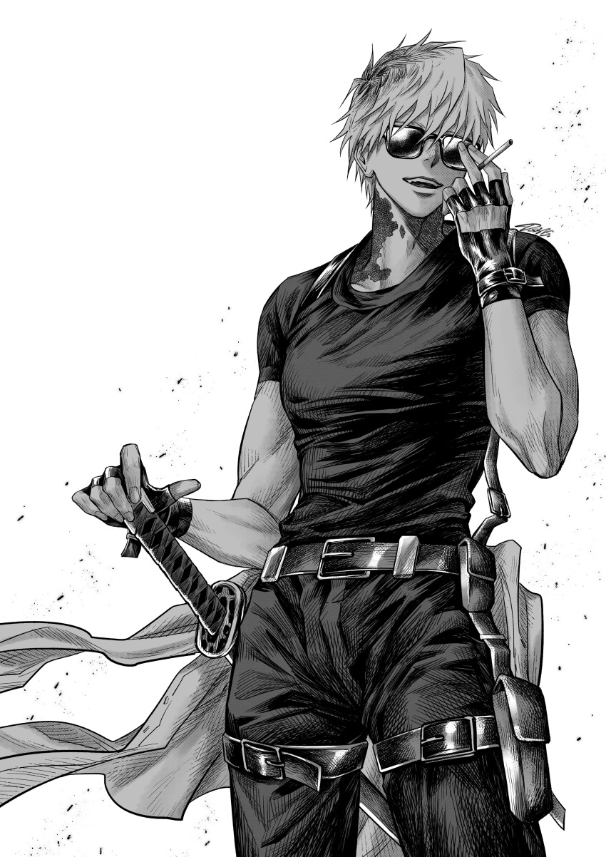 1boy, absurdres, adam's_apple, belt, cigarette, clothes_around_waist, commentary_request, covered_pectorals, fingerless_gloves, glove_belt, gloves, greyscale, highres, hikaru_ga_shinda_natsu, holding, holding_cigarette, jacket, jacket_around_waist, katana, leg_belt, male_focus, monochrome, osirisaldington, pectorals, scar, scar_on_neck, shirt, shirt_tucked_in, short_hair, simple_background, solo, sunglasses, sword, tanaka_(hikaru_ga_shinda_natsu), teeth, toned, toned_male, utility_belt, weapon, white_background