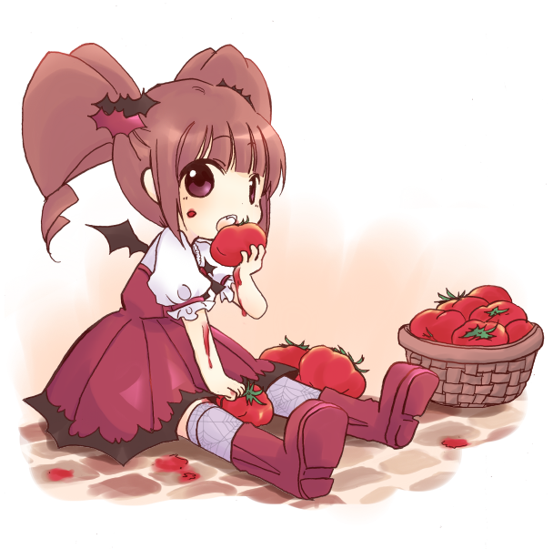 basket, bat_wings, boots, brown_eyes, brown_hair, dress, eating, eru_(fuerisuto)