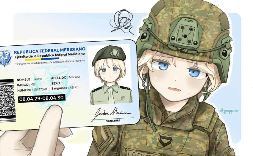 1girl, 1other, blonde_hair, blue_eyes, gruppe, hashtag-only_commentary, helmet, highres