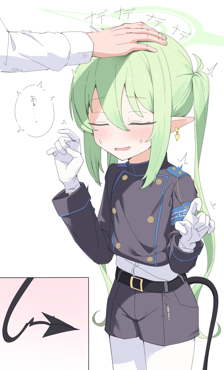 1girl, absurdres, blue_archive, blush, demon_tail, gloves, green_hair, green_halo