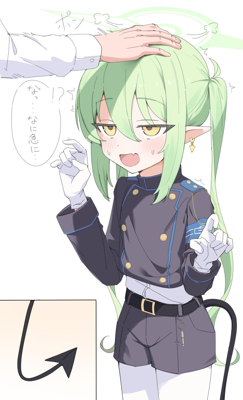 !?, 1girl, absurdres, blue_archive, demon_tail, gloves, green_hair, green_halo
