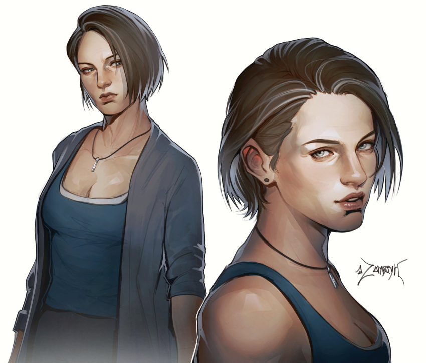 1girl, artist_name, blue_eyes, blue_shirt, highres, jewelry, jill_valentine, multiple_views