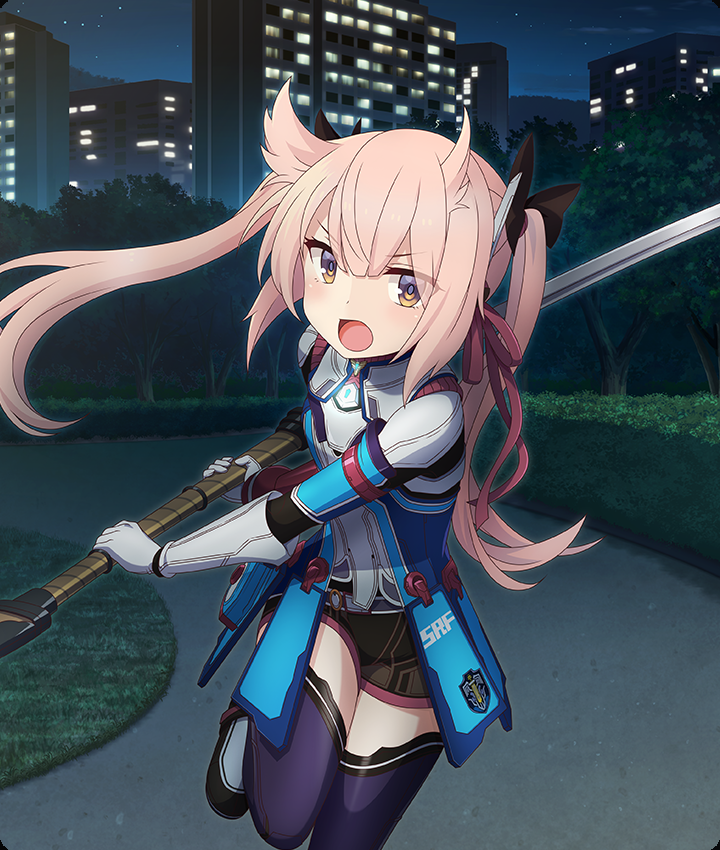 1girl, :o, arm_armor, black_bow, black_shorts, blush, bow, brown_eyes, building, cityscape, cosplay, dot_nose, emblem, game_cg, gloves, grey_gloves, hair_bow, hair_horns, hair_ribbon, hedge, huge_weapon, incoming_attack, katana, long_hair, looking_at_viewer, mashiko_kaoru, night, official_art, open_mouth, outdoors, path, pink_hair, purple_thighhighs, red_ribbon, ribbon, saionji_reimi, saionji_reimi_(cosplay), shorts, solo, star_ocean, star_ocean:_the_last_hope, sword, thigh-highs, third-party_source, toji_no_miko, toji_no_miko:_kizamishi_issen_no_tomoshibi, tree, twintails, weapon