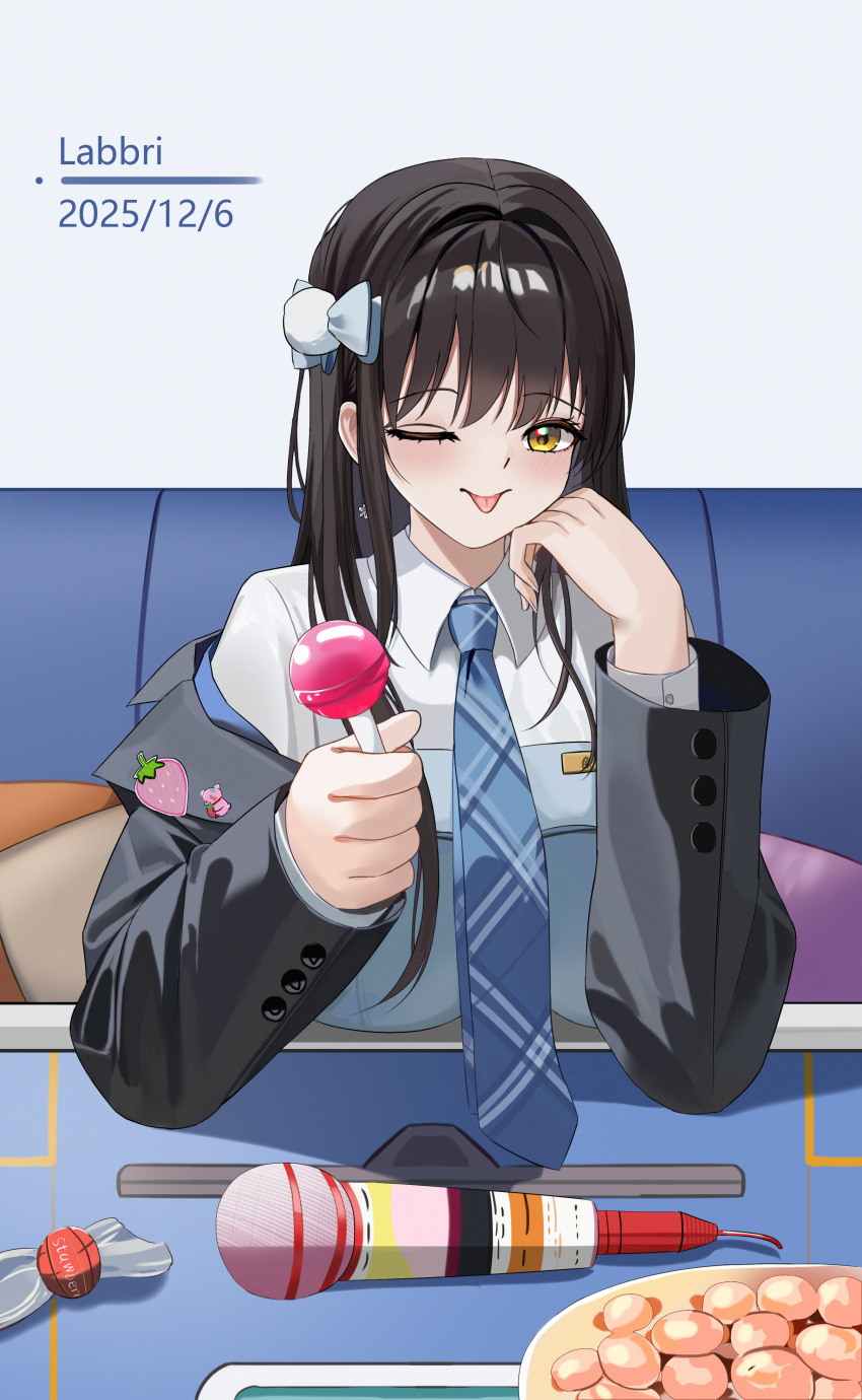 1girl, absurdres, artist_name, black_jacket, blue_corset, blue_necktie, blush, bow