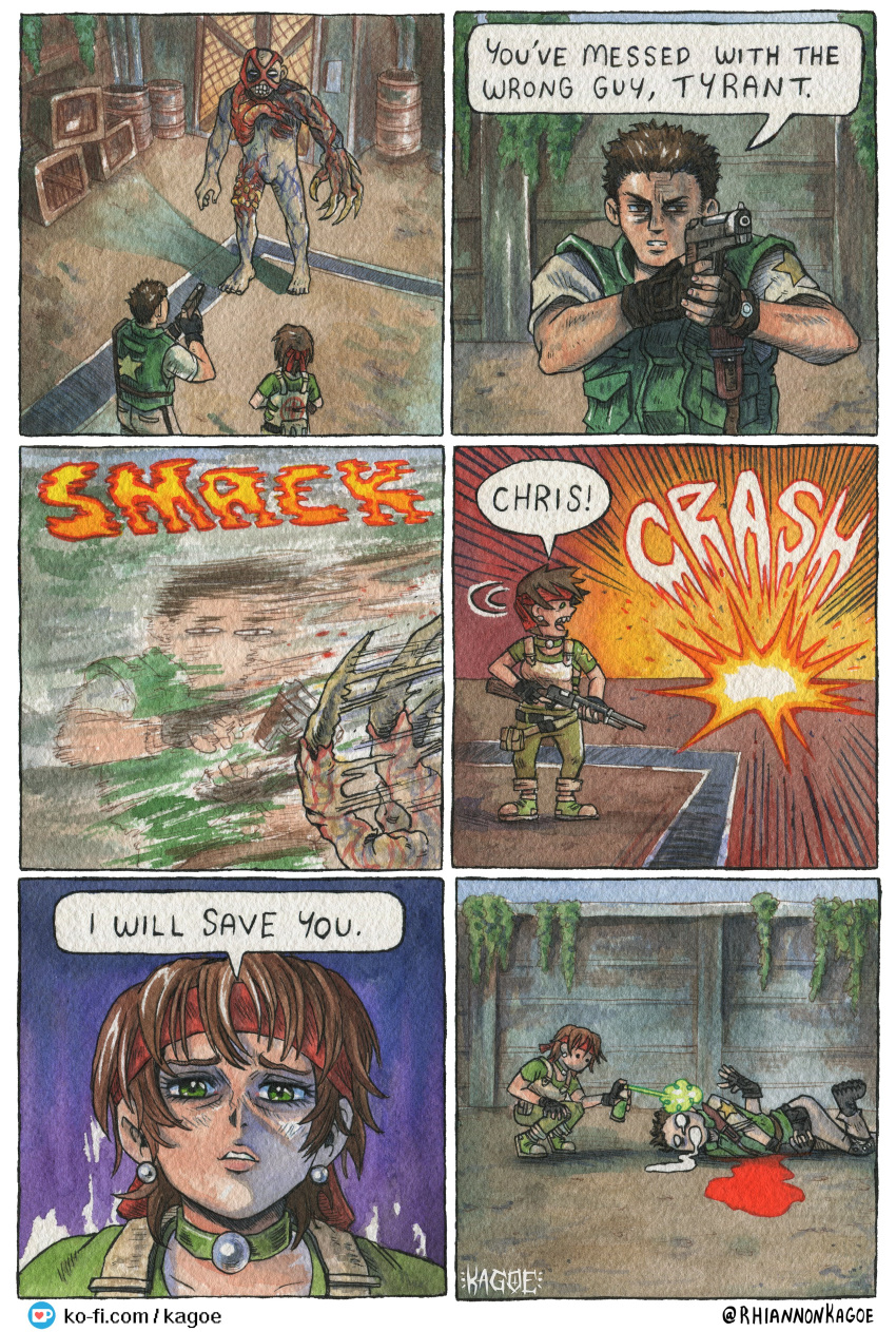 1boy, 1girl, absurdres, artist_name, bandana, black_gloves, blood, brown_hair