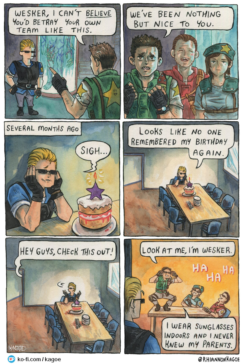 1girl, 3boys, absurdres, albert_wesker, artist_name, barry_burton, beret, birthday_cake