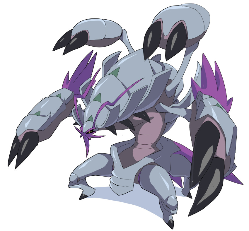 absurdres, antennae, armor, black_claws, black_sclera, colored_sclera, colored_skin, commentary, cross-shaped_pupils, cyberlord1109, english_commentary, extra_arms, extra_legs, facial_hair, giant_isopod, goatee, golisopod, grey_skin, highres, isopod, mega_golisopod, mega_pokemon, multicolored_skin, mustache, no_humans, pokemon, pokemon_(creature), pokemon_focus, pokemon_legends:_z-a, purple_skin, purple_trim, symbol-shaped_pupils, two-tone_skin, v-shaped_eyes, yellow_eyes