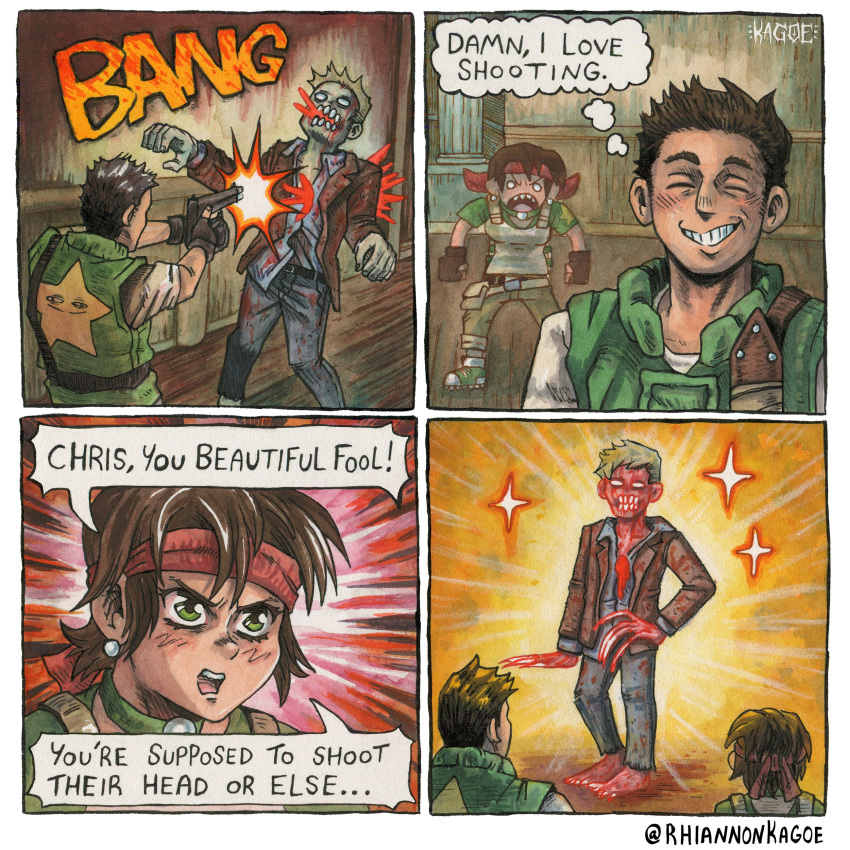1boy, 1girl, absurdres, artist_name, bandana, black_gloves, blood, brown_hair
