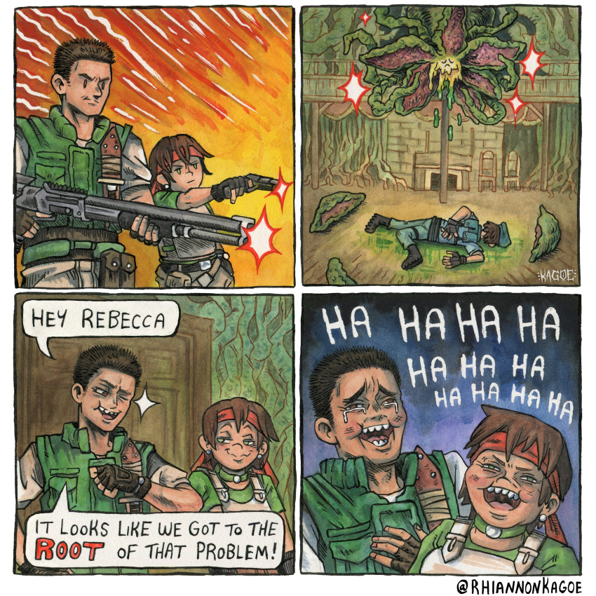 1boy, 2girls, absurdres, artist_name, bandana, black_gloves, brown_hair, chris_redfield, commentary, door, earrings, english_commentary, family_guy_death_pose_(meme), fingerless_gloves, gloves, gun, handgun, highres, holding, holding_gun, holding_weapon, jewelry, jill_valentine, laughing, meme, multiple_girls, open_mouth, plant_42, plant_monster, rebecca_chambers, red_bandana, resident_evil, resident_evil_1, rhiannon_kagoe, shotgun, sparkle, speech_bubble, weapon