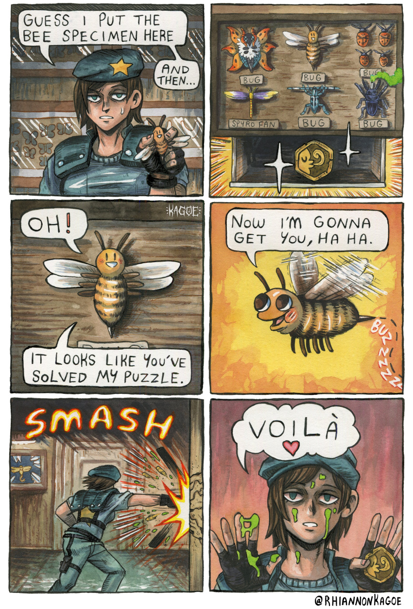 1girl, absurdres, bee, beret, black_gloves, blue_eyes, blue_hat, blue_shirt, bug, commentary, english_commentary, fingerless_gloves, gloves, hat, highres, jill_valentine, pokemon, pokemon_(creature), punching, resident_evil, resident_evil_1, rhiannon_kagoe, shirt, shoulder_pads, sparkle, sparx_(spyro), speech_bubble, spyro_(series), volcarona
