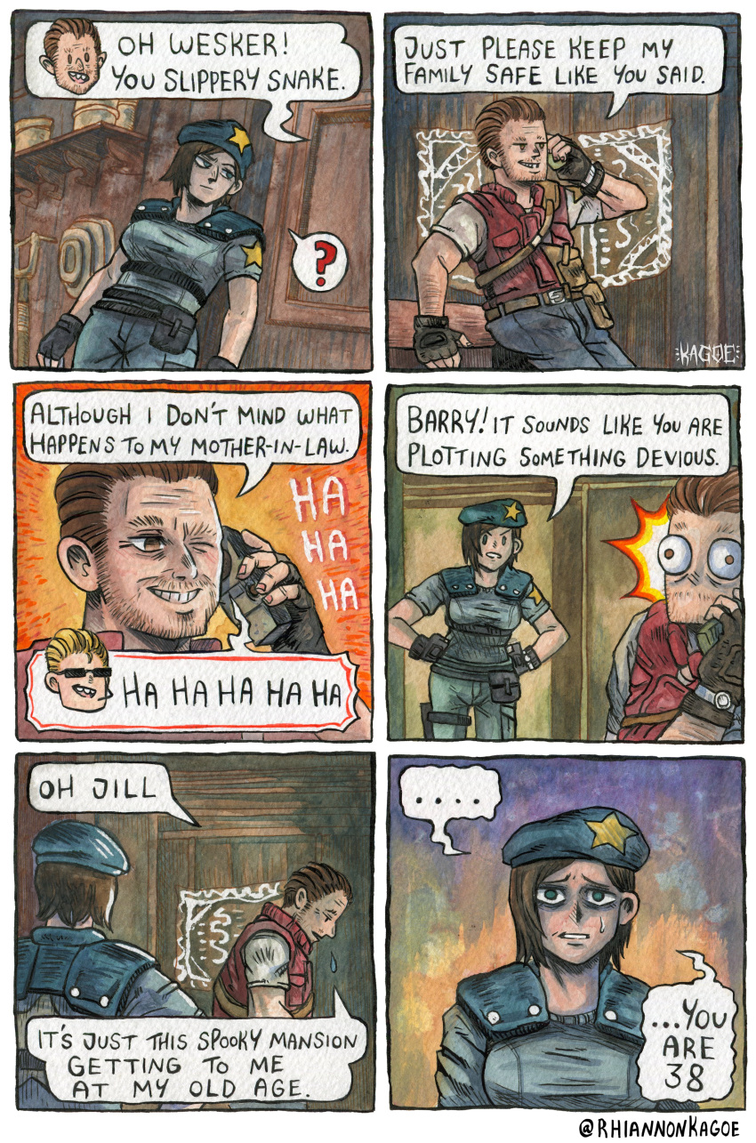 ..., 1girl, 2boys, ?, absurdres, albert_wesker, artist_name, barry_burton