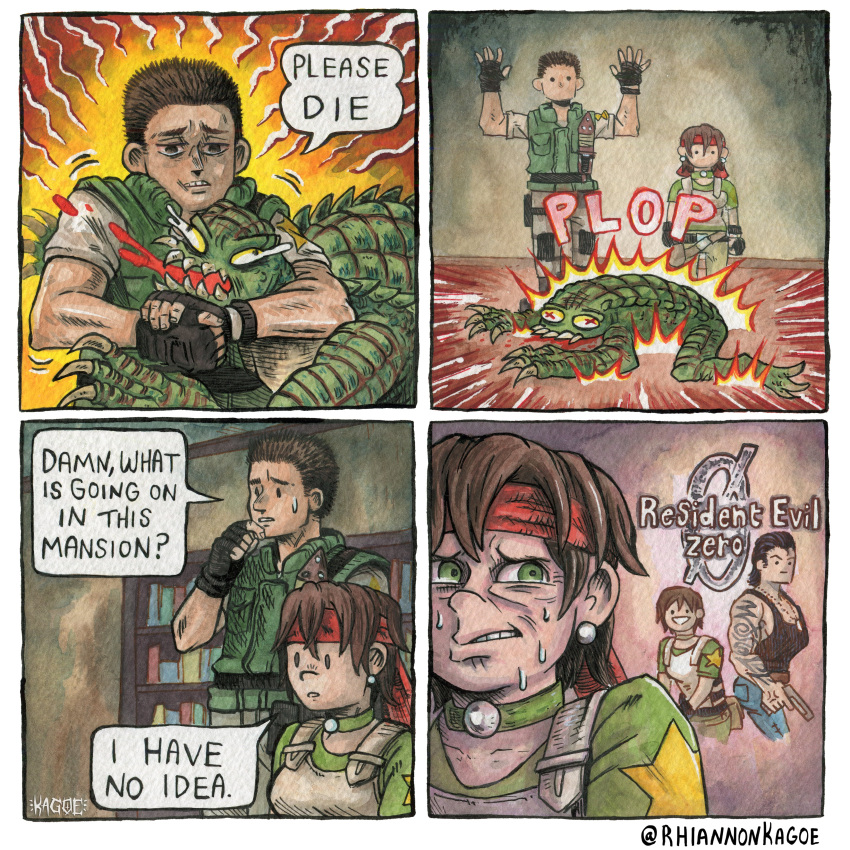 1girl, 2boys, absurdres, artist_name, bandana, billy_coen, black_gloves, brown_hair, chris_redfield, claws, colored_skin, commentary, earrings, english_commentary, fingerless_gloves, gloves, green_eyes, green_skin, headlock, highres, hunter_(resident_evil), jewelry, multiple_boys, rebecca_chambers, red_bandana, resident_evil, resident_evil_0, resident_evil_1, rhiannon_kagoe, speech_bubble, sweat