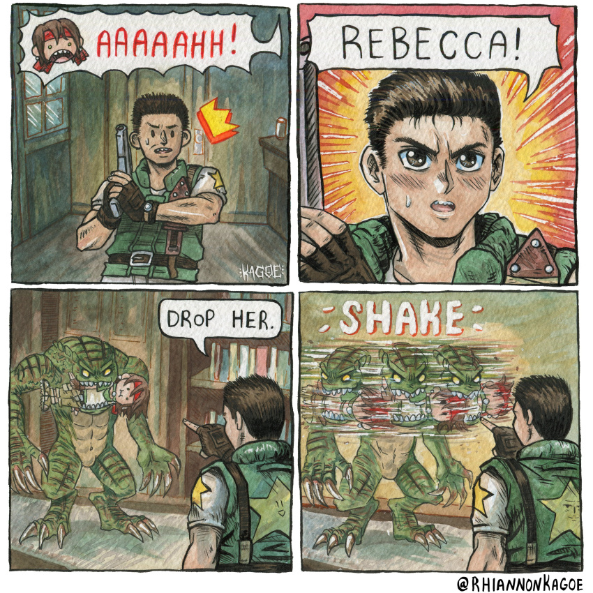 1boy, 1girl, absurdres, biting, black_gloves, brown_hair, chris_redfield, claws, colored_skin, commentary, emphasis_lines, english_commentary, fingerless_gloves, gloves, green_skin, gun, handgun, highres, holding, holding_gun, holding_weapon, hunter_(resident_evil), rebecca_chambers, resident_evil, resident_evil_1, rhiannon_kagoe, speech_bubble, sweatdrop, weapon, yellow_eyes
