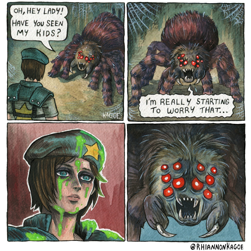 1girl, absurdres, artist_name, beret, blood, blue_eyes, blue_hat, bug, commentary, english_commentary, fangs, green_blood, hat, highres, jill_valentine, oversized_bug, oversized_spider, resident_evil, resident_evil_1, rhiannon_kagoe, shoulder_pads, silk, speech_bubble, spider, spider_web