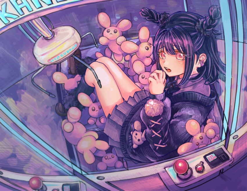 :3, black_bow, black_hair, bow, braid, collared_shirt, controller, copyright_name, crane_game, eyelashes, highres, jirai_kei, joystick, kimi_no_koto_ga_dai_dai_dai_dai_daisuki_na_100-nin_no_kanojo, loafers, long_hair, oku_(pixiv_69278954), open_mouth, pleated_skirt, red_eyes, shirt, shoes, skirt, stuck, stuffed_animal, stuffed_rabbit, stuffed_toy, twin_braids, two_side_up, usami_shiina