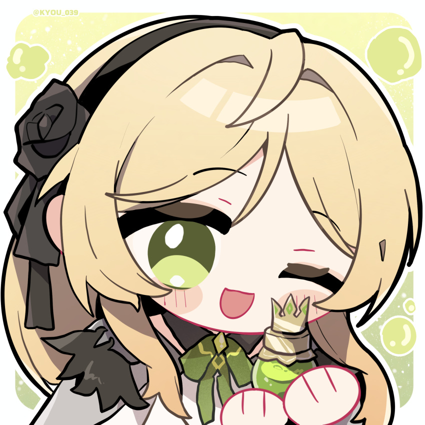 1girl, black_flower, black_hairband, black_rose, blonde_hair, chibi, chibi_only, chinese_commentary