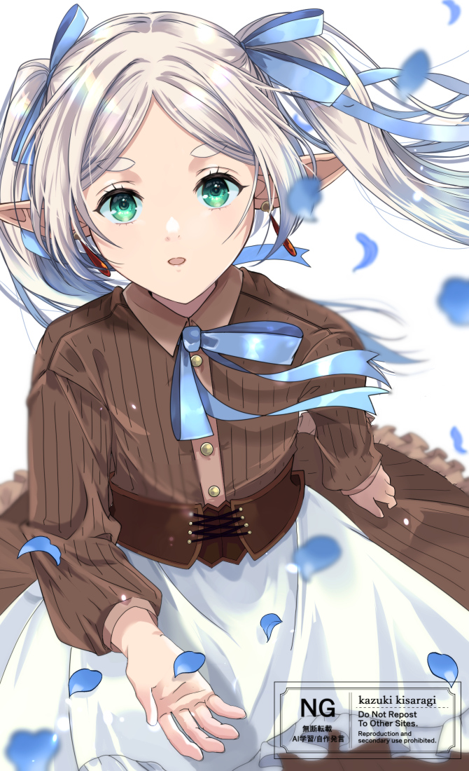 1girl, apron, artist_name, blue_petals, blue_ribbon, blurry, blurry_foreground, brown_dress
