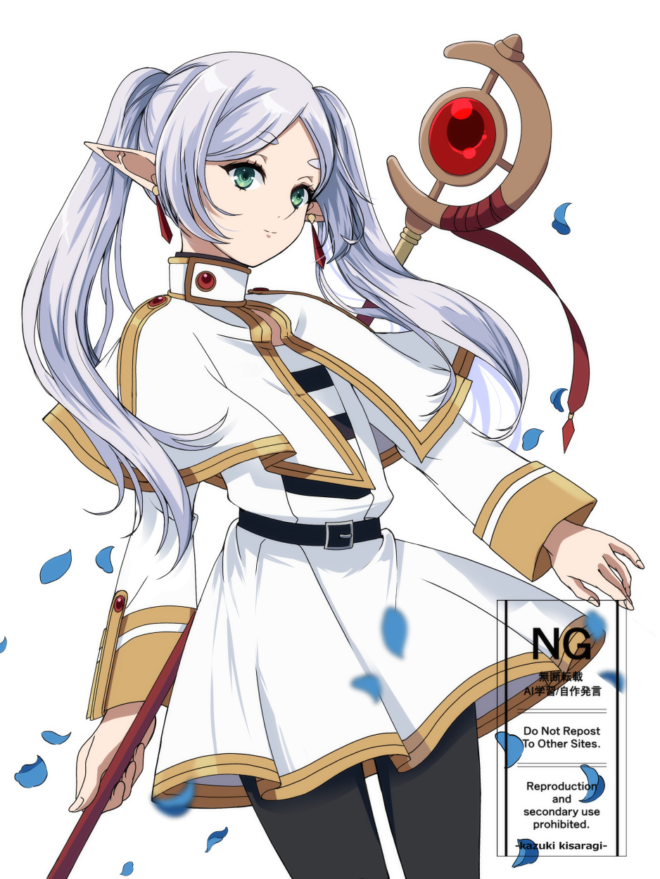 1girl, artist_name, belt, black_belt, black_pantyhose, blue_petals, capelet, commentary_request