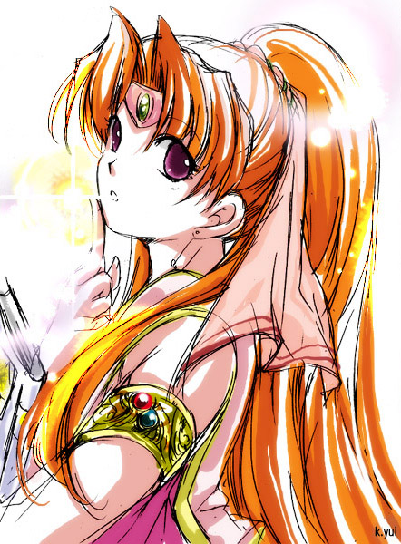 1girl, alternate_eye_color, armlet, book, brown_hair, commentary_request, dress, finger_to_own_chin