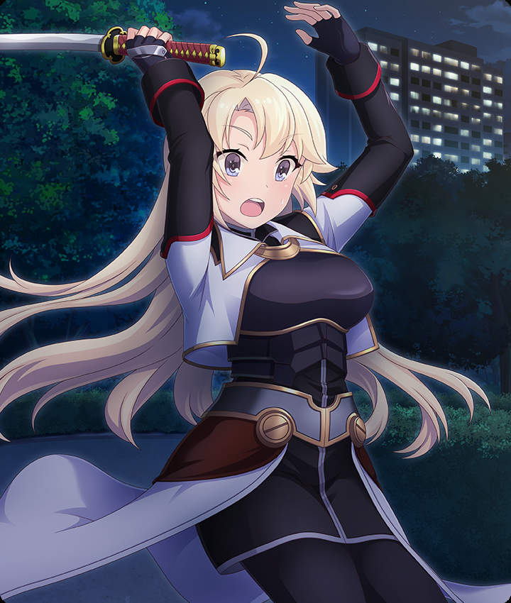 1girl, ahoge, armor, arms_up, black_dress, black_gloves, black_leggings, blonde_hair