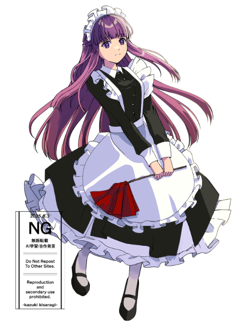 1girl, apron, artist_name, black_dress, black_shoes, blunt_bangs, breasts, collared_dress