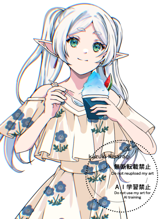 1girl, artist_name, closed_mouth, commentary_request, dress, earrings, elf, floral_print, floral_print_dress, flower, food, forget-me-not_(flower), frieren, fruit, green_eyes, grey_hair, holding, holding_spoon, jewelry, kizuka2020, long_hair, off-shoulder_dress, off_shoulder, parted_bangs, pointy_ears, print_dress, shaved_ice, smile, solo, sousou_no_frieren, spoon, thick_eyebrows, twintails, upper_body, watermelon, watermelon_slice, white_background